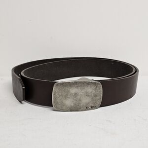 Guess Genuine Leather Belt Dark Brown Brushed Logo Buckle Casual